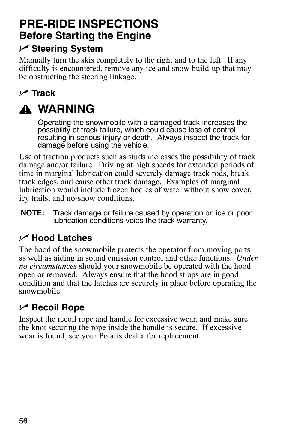 Pre-ride inspections, Warning, Before starting the engine n | Polaris 700 Touring User Manual | Page 59 / 133