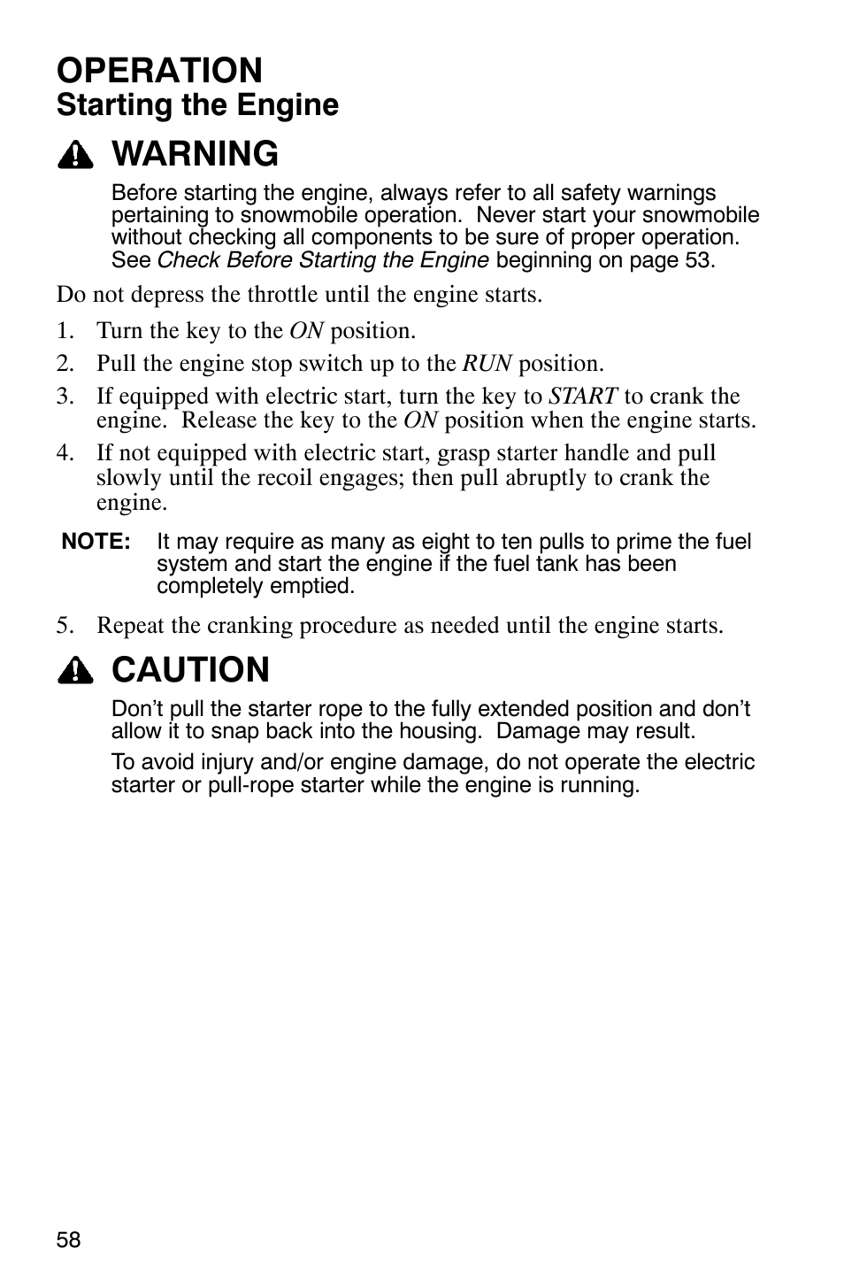 Operation, Warning, Caution | Starting the engine | Polaris 700 Touring User Manual | Page 61 / 133