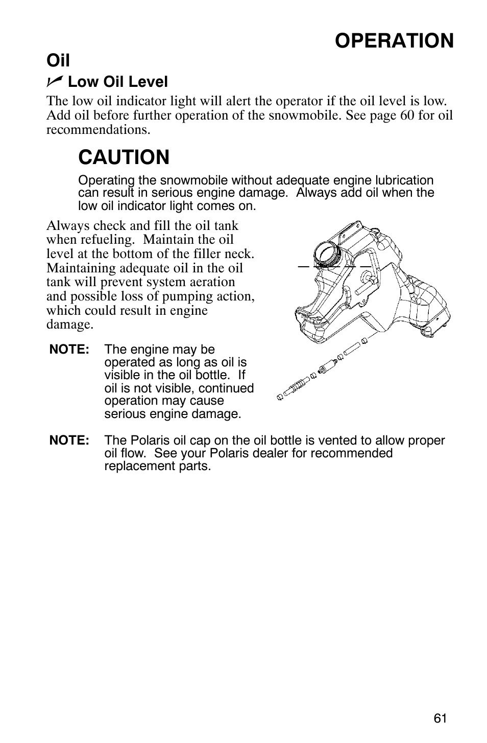 Operation, Caution, Oil n | Polaris 700 Touring User Manual | Page 64 / 133