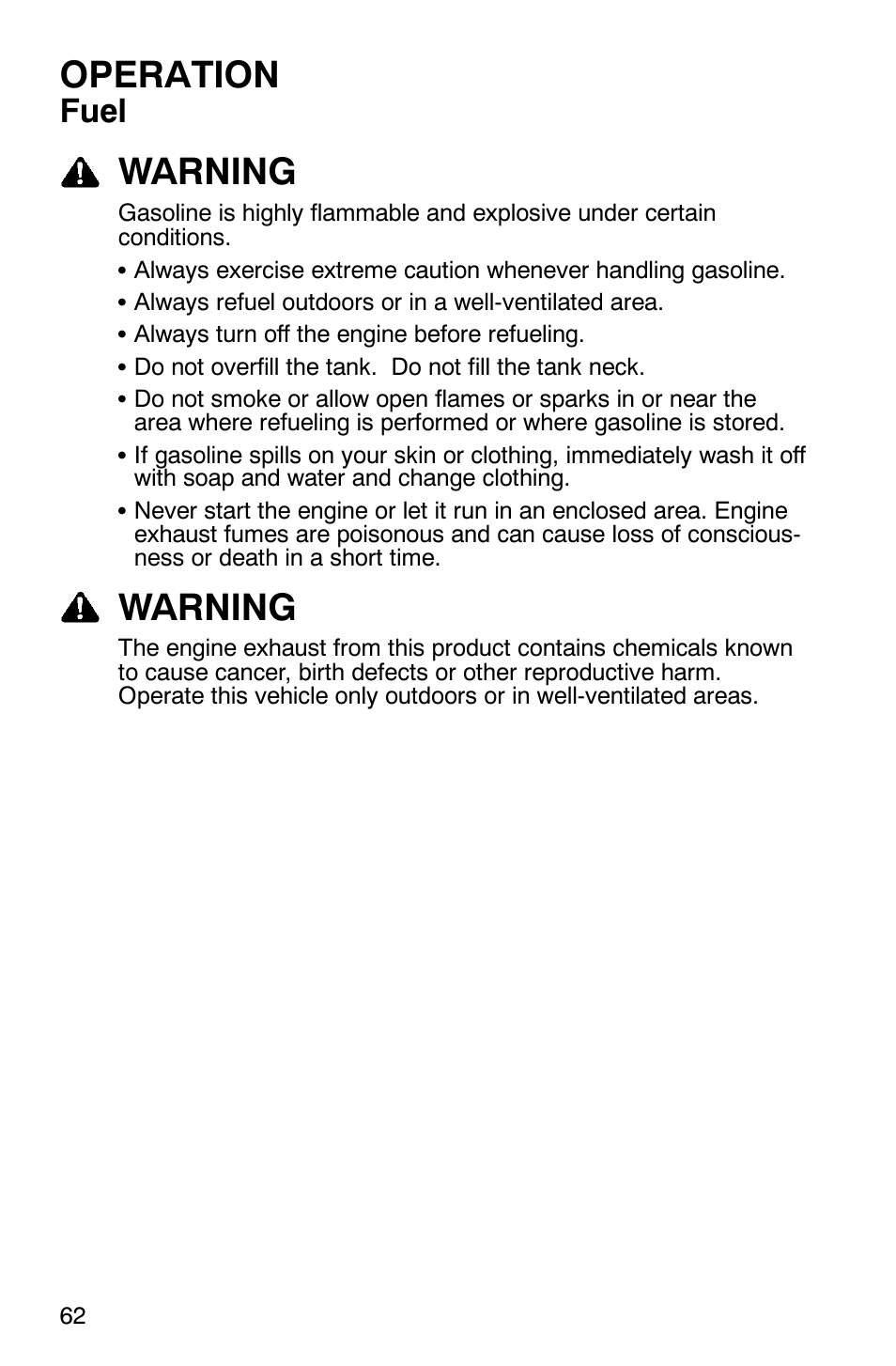 Operation, Warning, Fuel | Polaris 700 Touring User Manual | Page 65 / 133