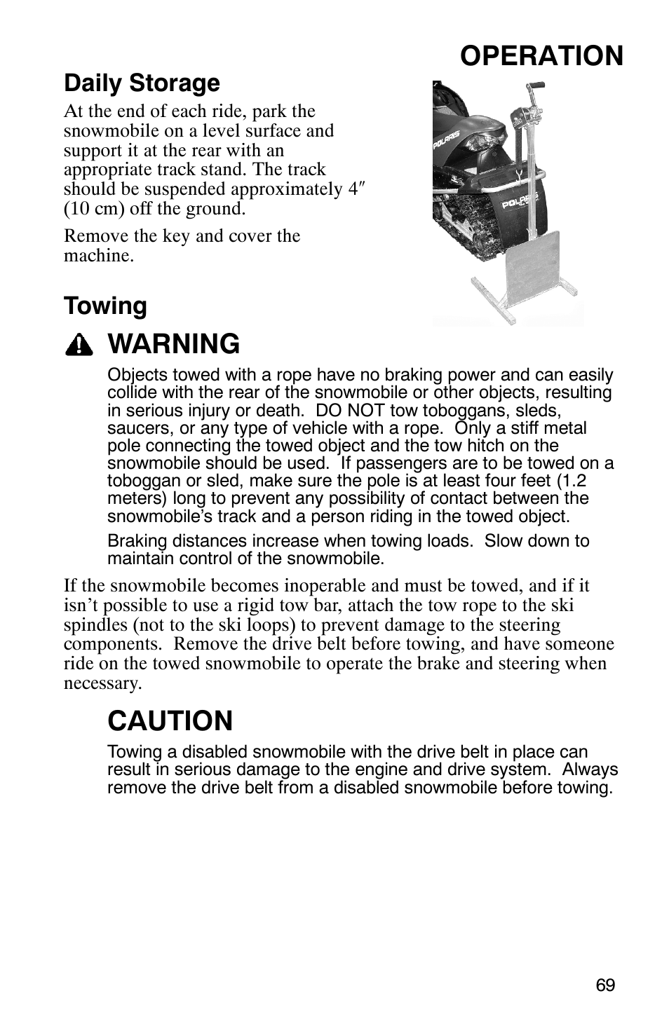Operation, Warning, Caution | Daily storage, Towing | Polaris 700 Touring User Manual | Page 72 / 133