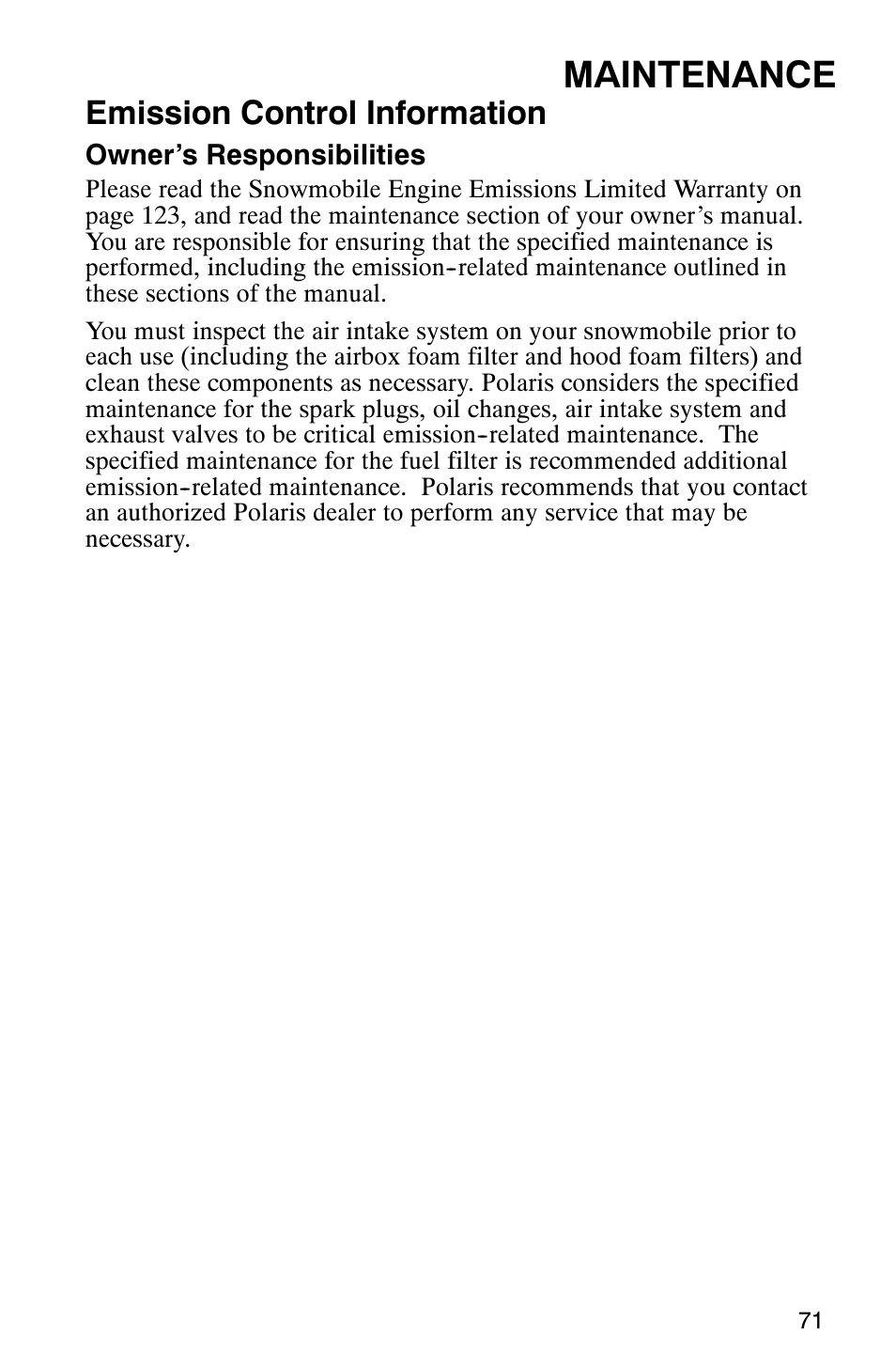 Maintenance, Emission control information | Polaris 700 Touring User Manual | Page 74 / 133