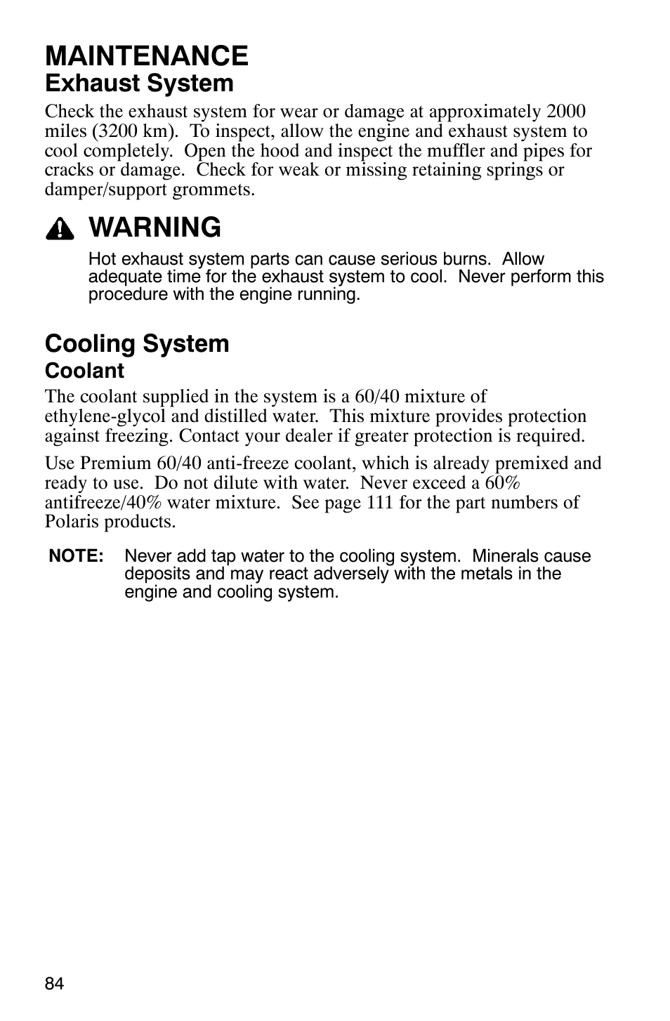 Maintenance, Warning, Exhaust system | Cooling system | Polaris 700 Touring User Manual | Page 87 / 133