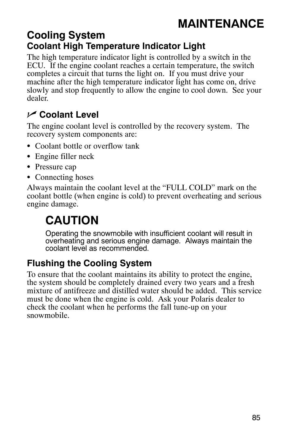 Maintenance, Caution, Cooling system | Polaris 700 Touring User Manual | Page 88 / 133