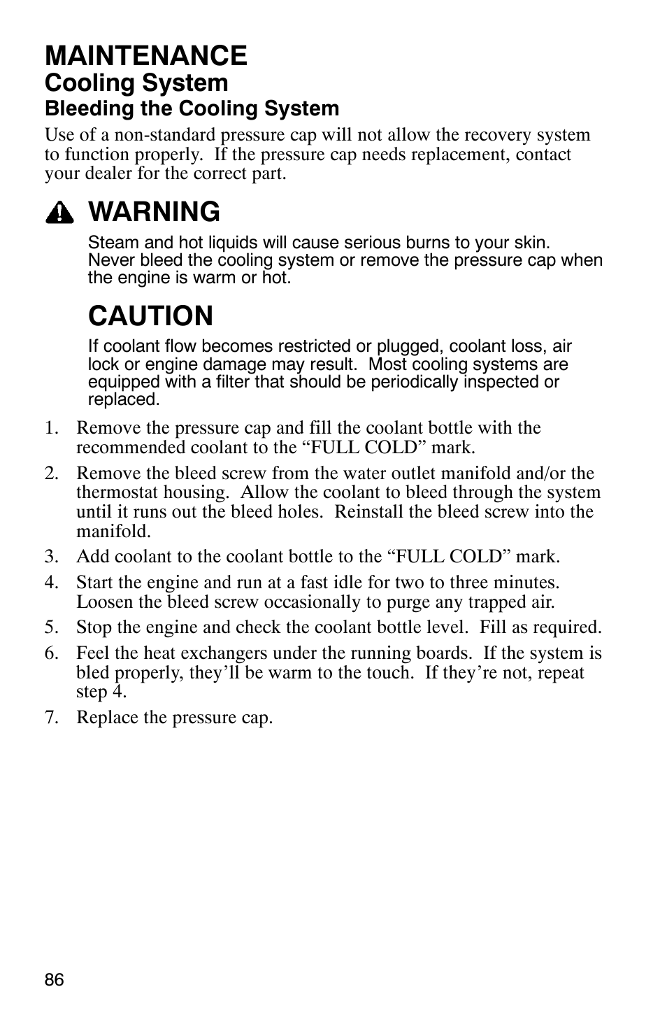 Maintenance, Warning, Caution | Cooling system | Polaris 700 Touring User Manual | Page 89 / 133