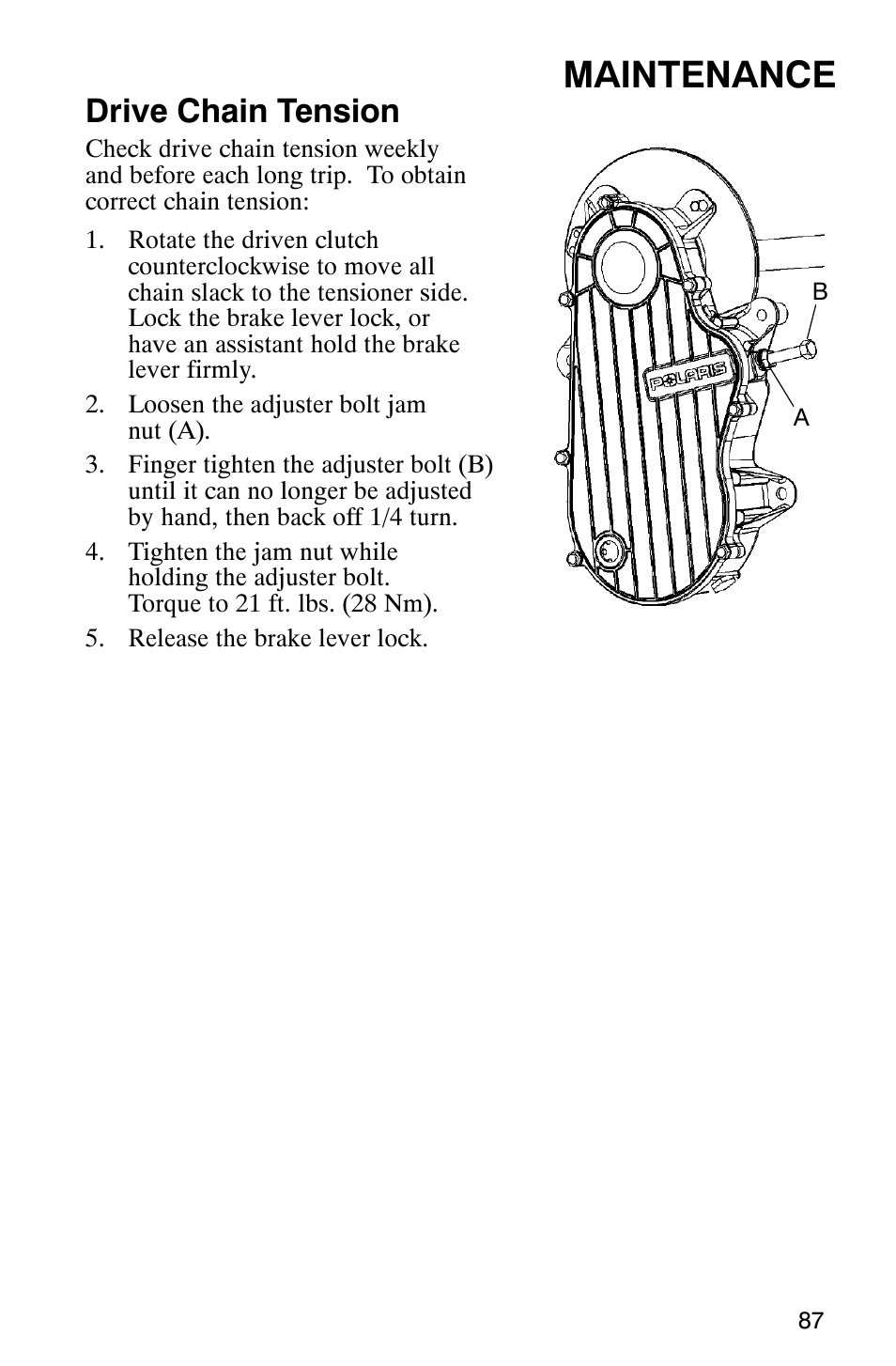 Maintenance, Drive chain tension | Polaris 700 Touring User Manual | Page 90 / 133