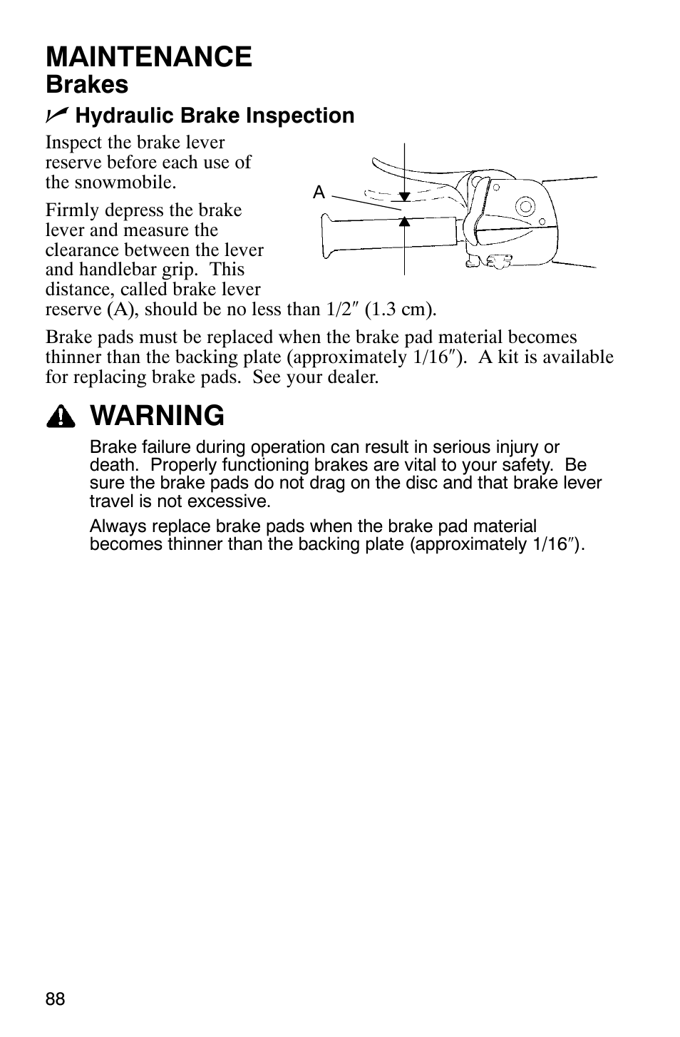Maintenance, Warning, Brakes n | Polaris 700 Touring User Manual | Page 91 / 133
