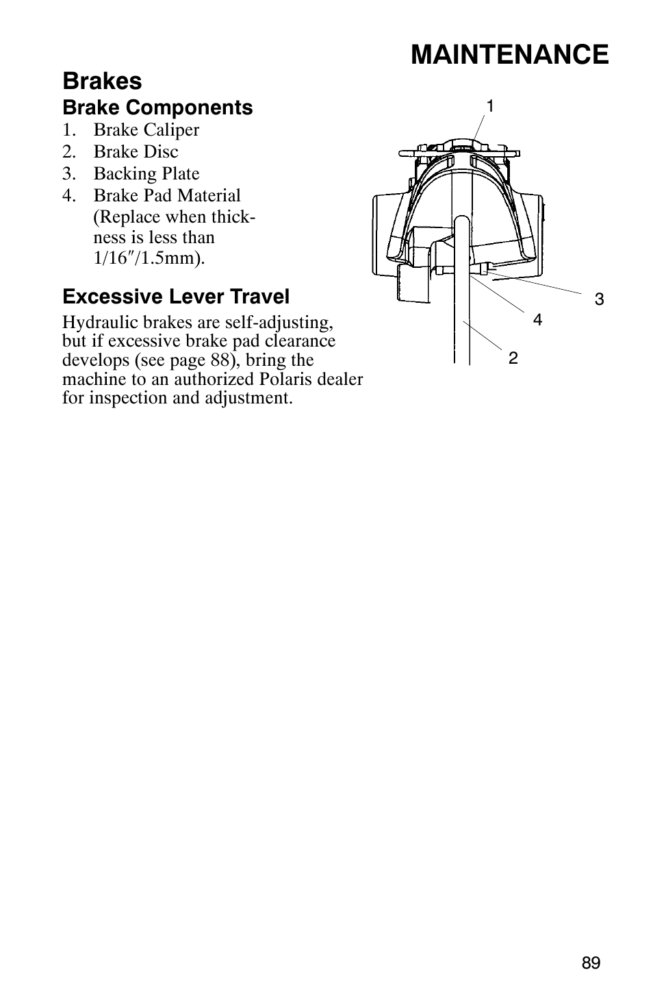 Maintenance, Brakes | Polaris 700 Touring User Manual | Page 92 / 133