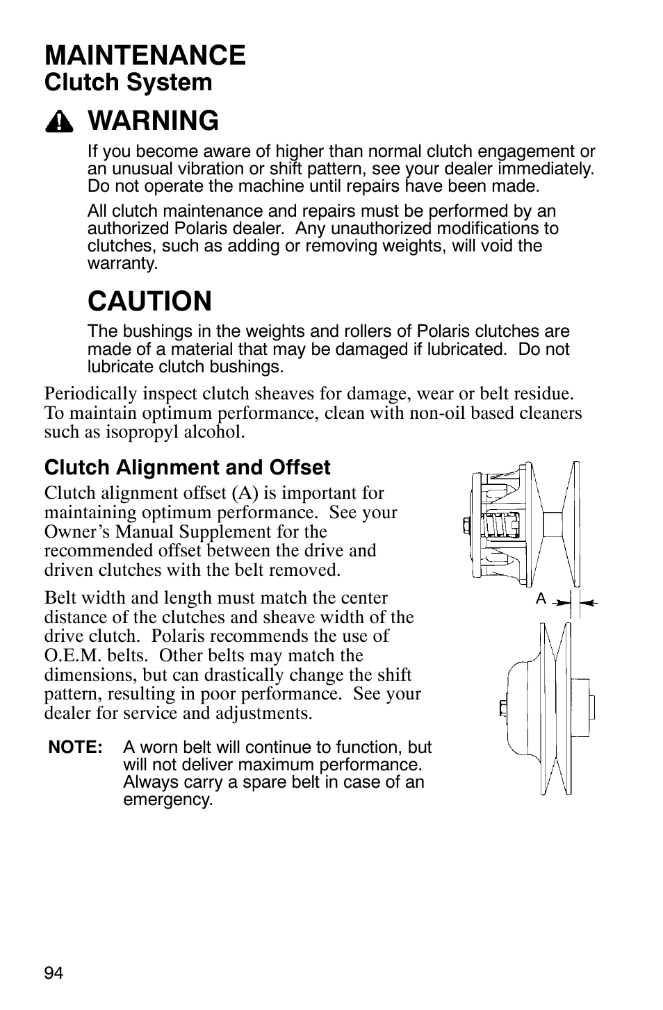 Maintenance, Warning, Caution | Clutch system | Polaris 700 Touring User Manual | Page 97 / 133