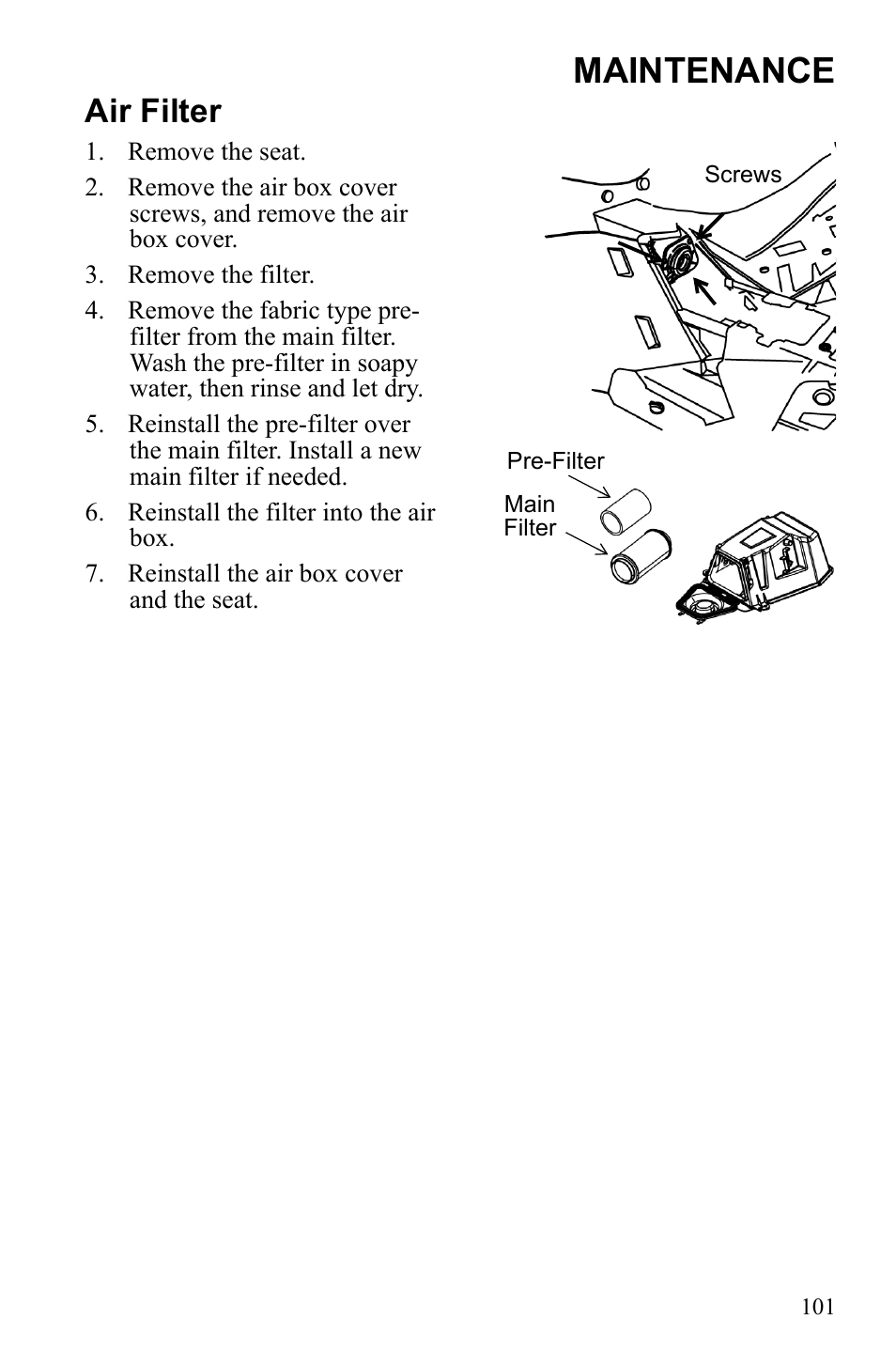 Maintenance, Air filter | Polaris Sportsman 550 Touring EPS User Manual | Page 105 / 158