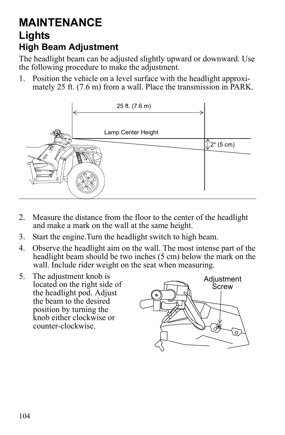 Maintenance, Lights, High beam adjustment | Polaris Sportsman 550 Touring EPS User Manual | Page 108 / 158