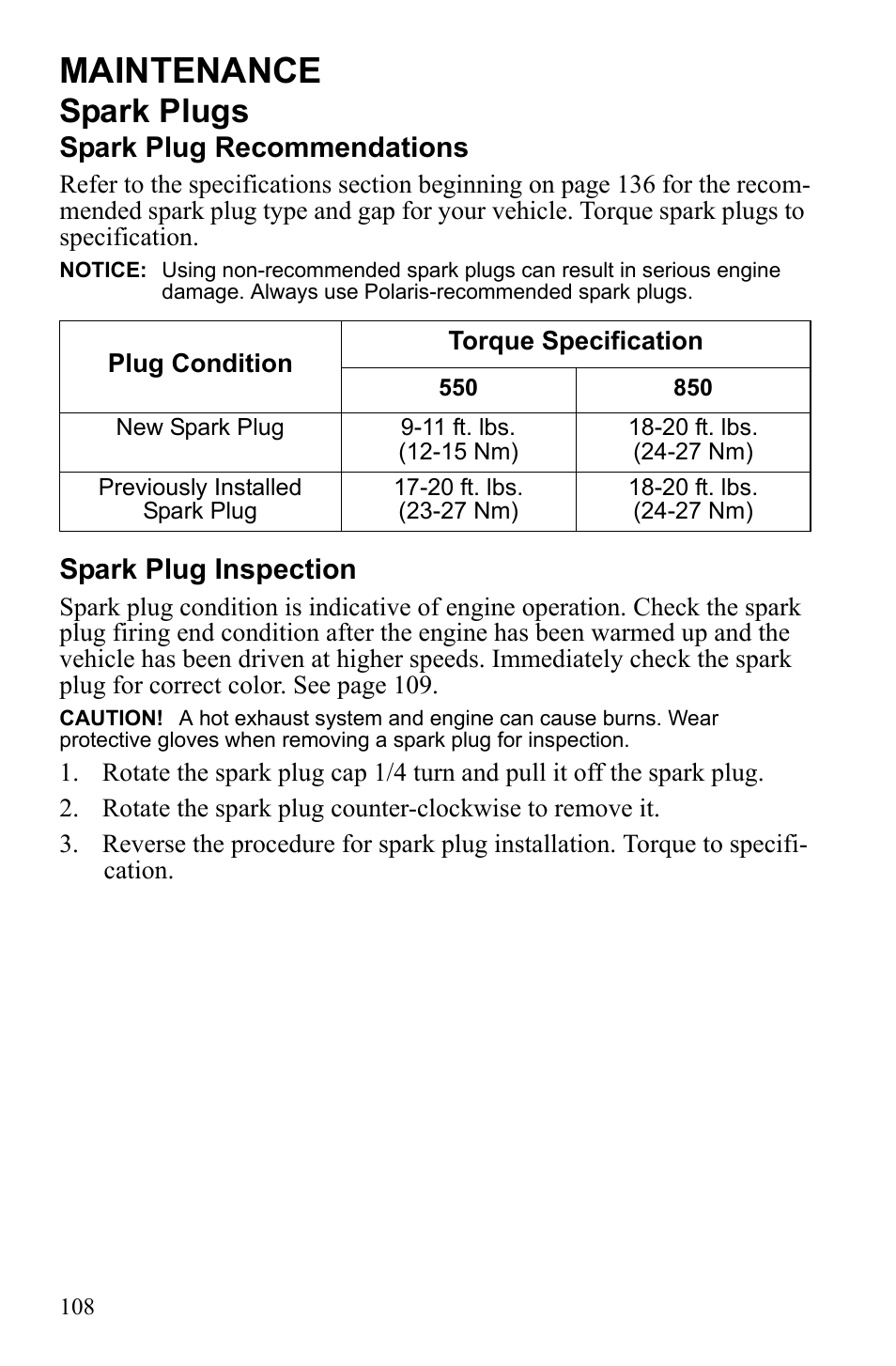 Maintenance, Spark plugs, Spark plug recommendations | Spark plug inspection | Polaris Sportsman 550 Touring EPS User Manual | Page 112 / 158