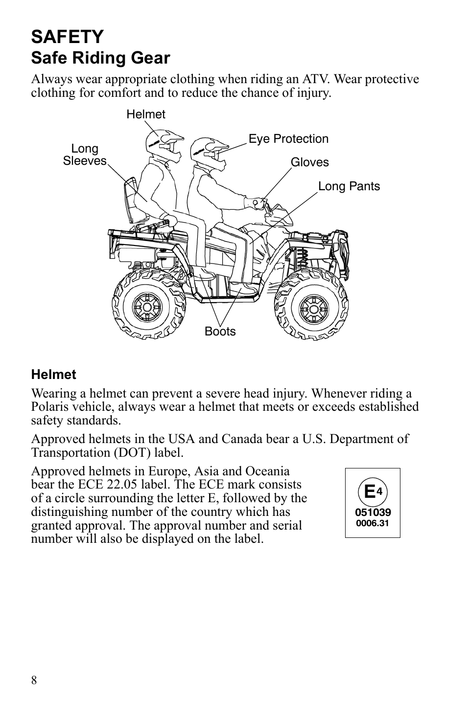 Safety, Safe riding gear | Polaris Sportsman 550 Touring EPS User Manual | Page 12 / 158