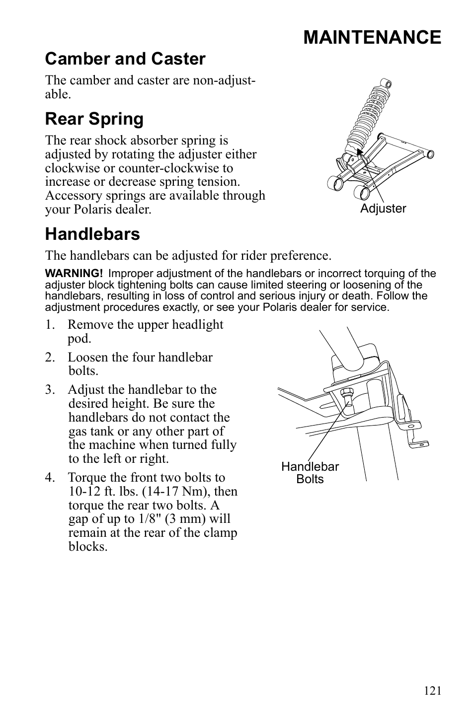 Maintenance, Camber and caster, Rear spring | Handlebars | Polaris Sportsman 550 Touring EPS User Manual | Page 125 / 158