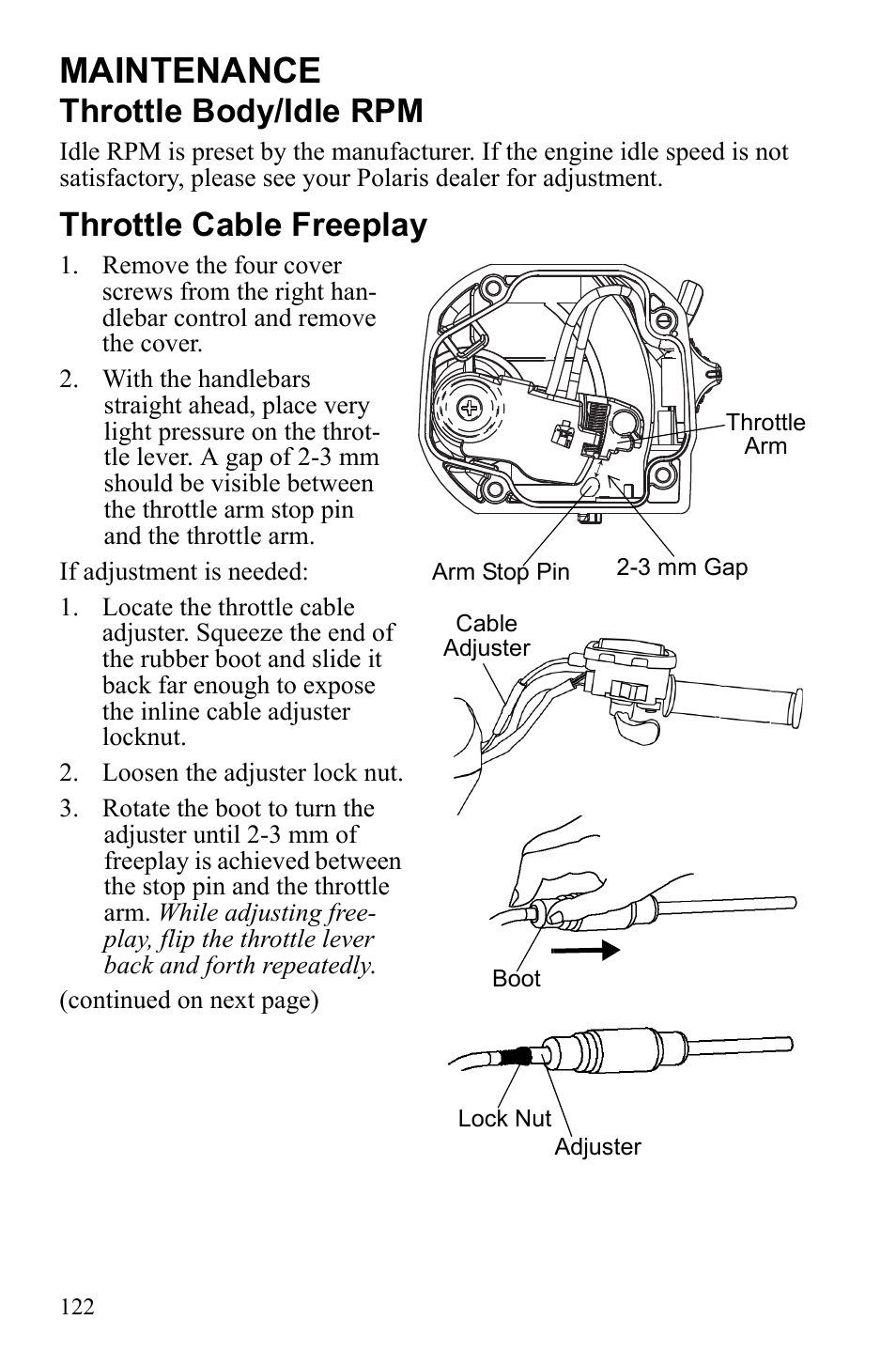 Maintenance, Throttle body/idle rpm, Throttle cable freeplay | Polaris Sportsman 550 Touring EPS User Manual | Page 126 / 158