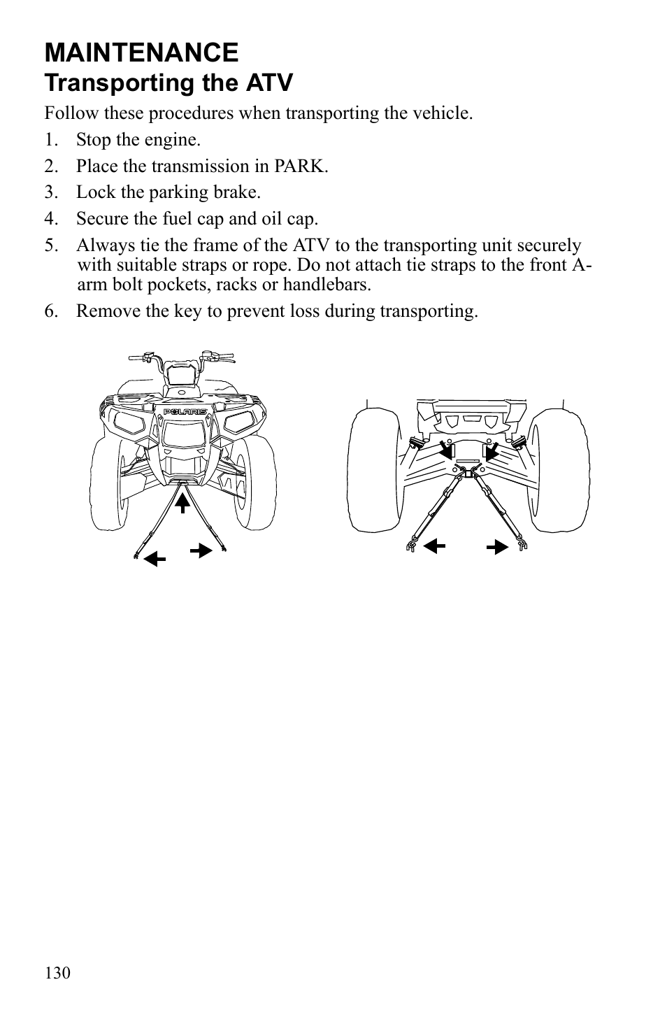 Maintenance, Transporting the atv | Polaris Sportsman 550 Touring EPS User Manual | Page 134 / 158