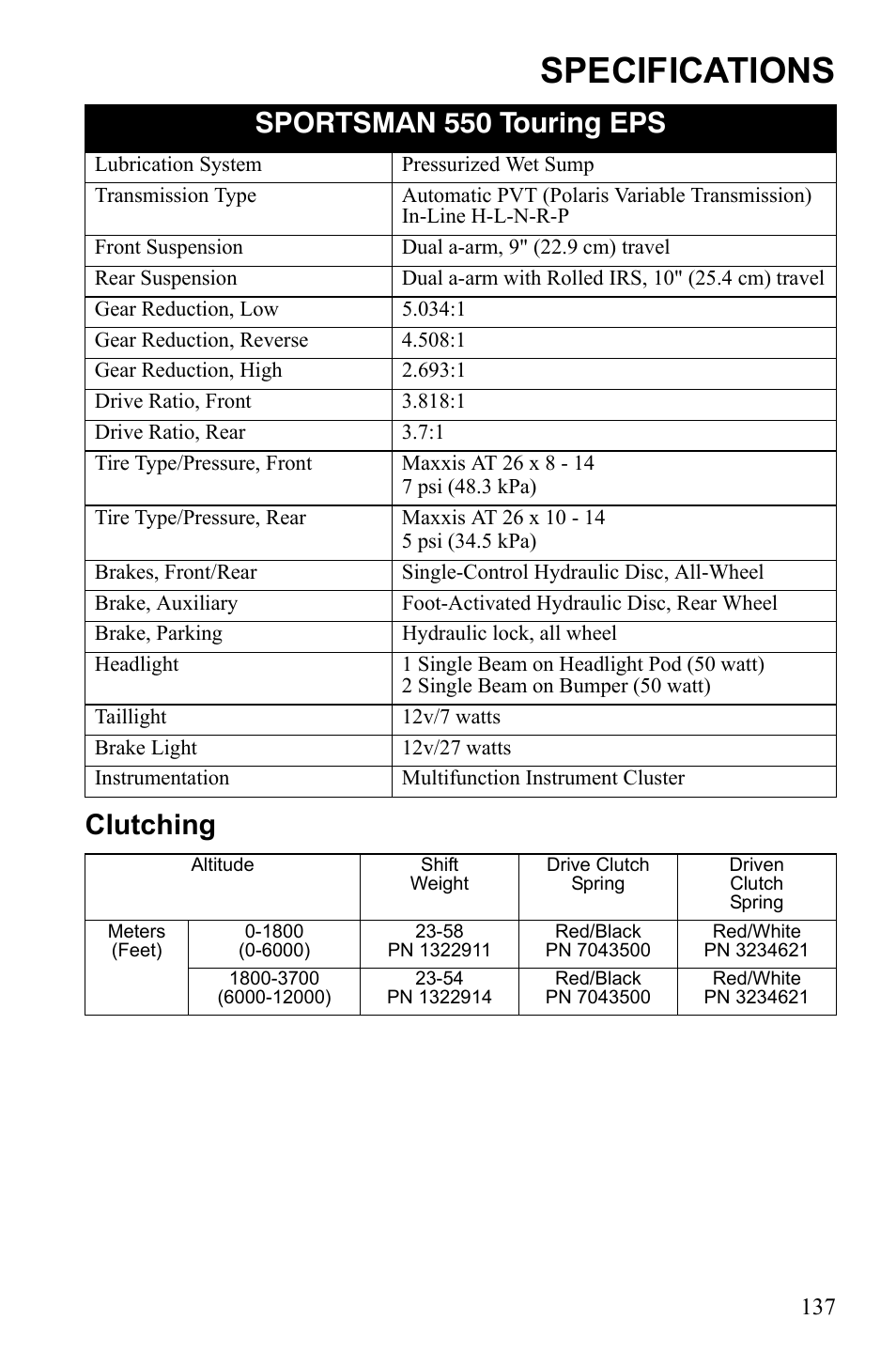 Specifications, Clutching sportsman 550 touring eps | Polaris Sportsman 550 Touring EPS User Manual | Page 141 / 158