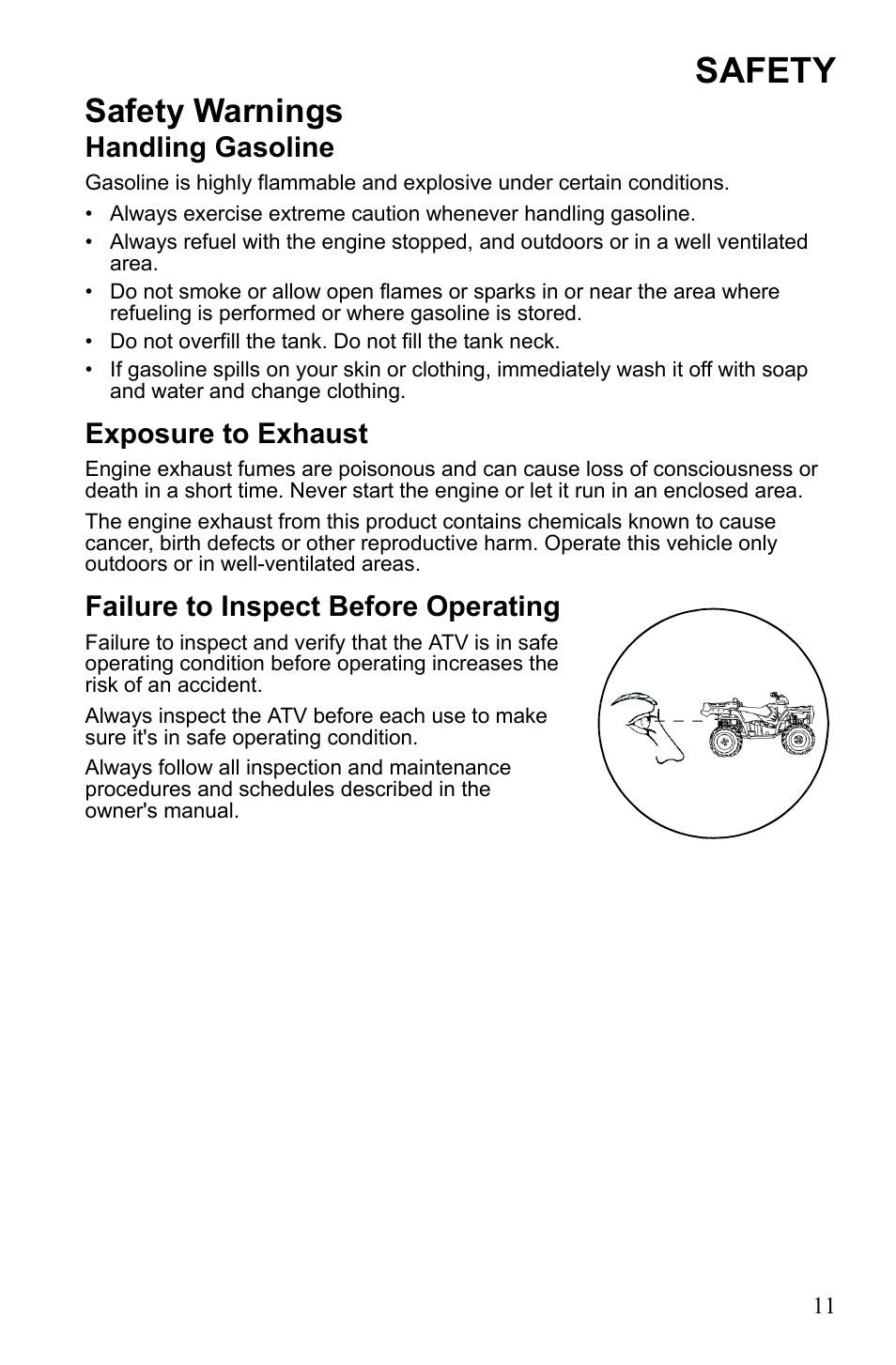 Safety, Safety warnings, Handling gasoline | Exposure to exhaust, Failure to inspect before operating | Polaris Sportsman 550 Touring EPS User Manual | Page 15 / 158