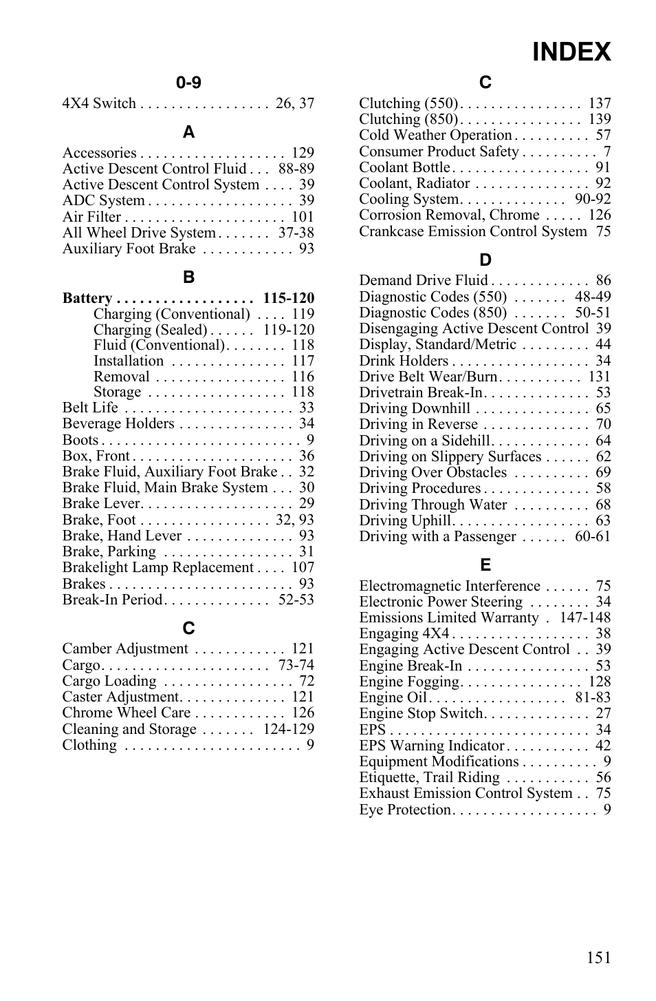 Index | Polaris Sportsman 550 Touring EPS User Manual | Page 155 / 158