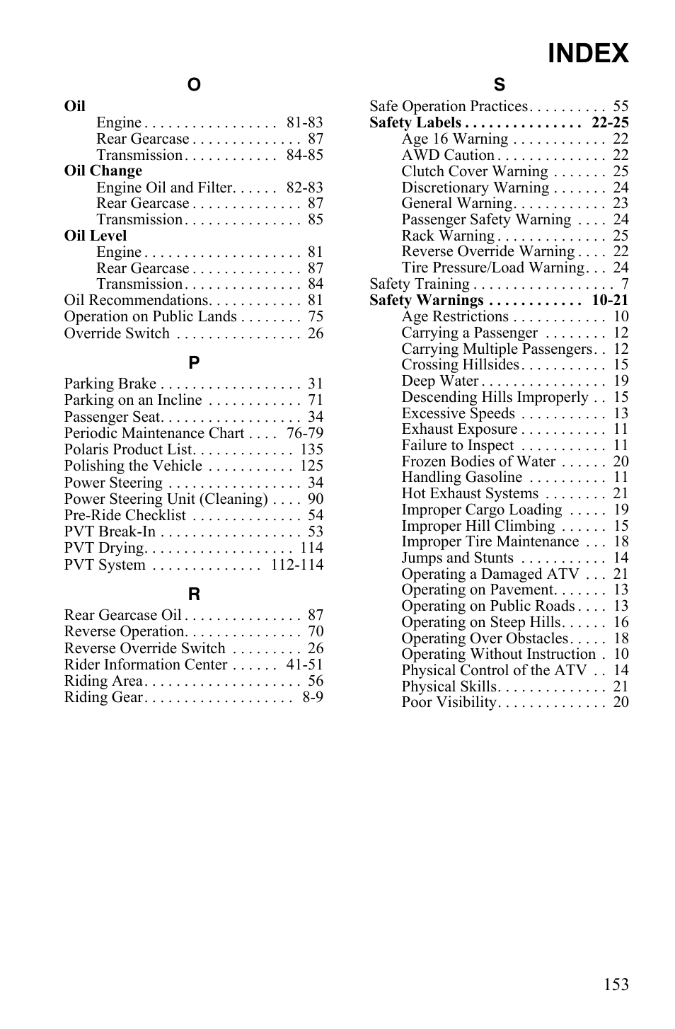 Index | Polaris Sportsman 550 Touring EPS User Manual | Page 157 / 158