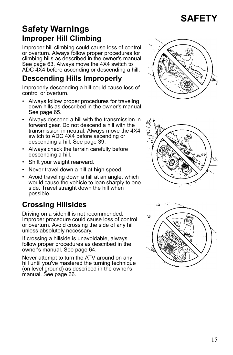 Safety, Safety warnings, Improper hill climbing | Descending hills improperly, Crossing hillsides | Polaris Sportsman 550 Touring EPS User Manual | Page 19 / 158
