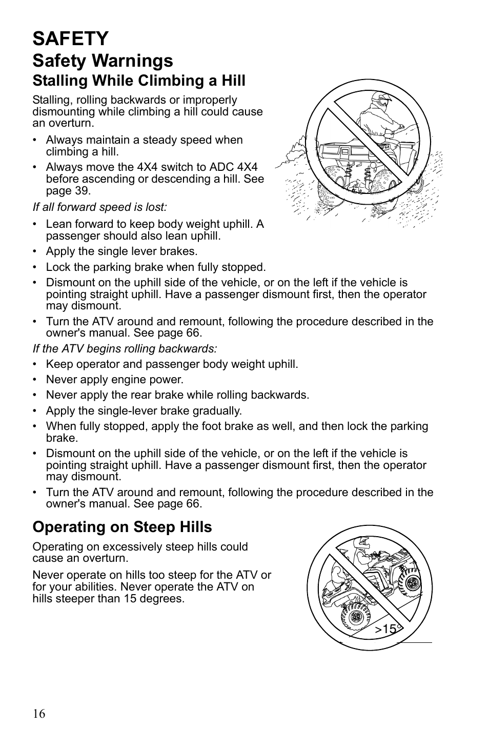 Safety, Safety warnings, Stalling while climbing a hill | Operating on steep hills | Polaris Sportsman 550 Touring EPS User Manual | Page 20 / 158