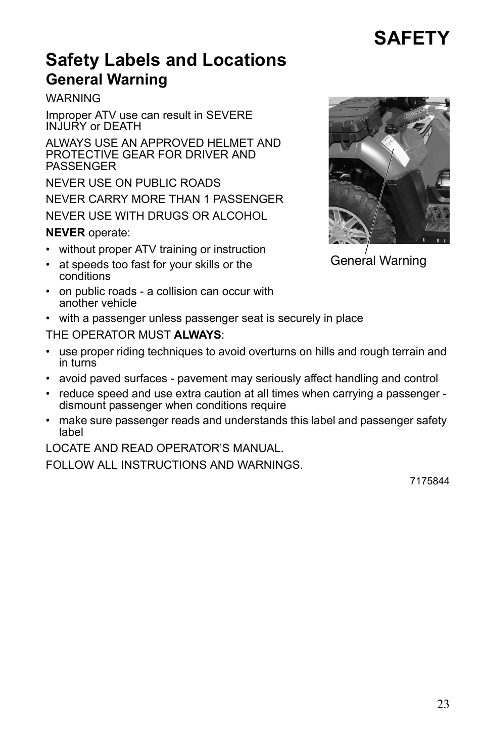 Safety, Safety labels and locations, General warning | Polaris Sportsman 550 Touring EPS User Manual | Page 27 / 158