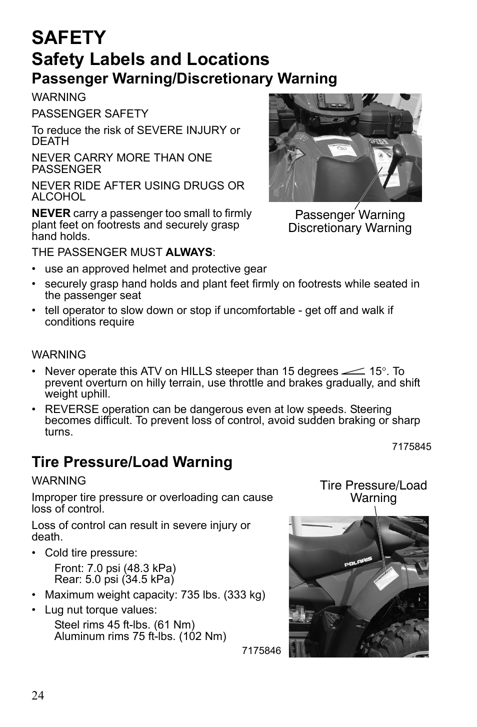 Safety, Safety labels and locations, Passenger warning/discretionary warning | Tire pressure/load warning | Polaris Sportsman 550 Touring EPS User Manual | Page 28 / 158