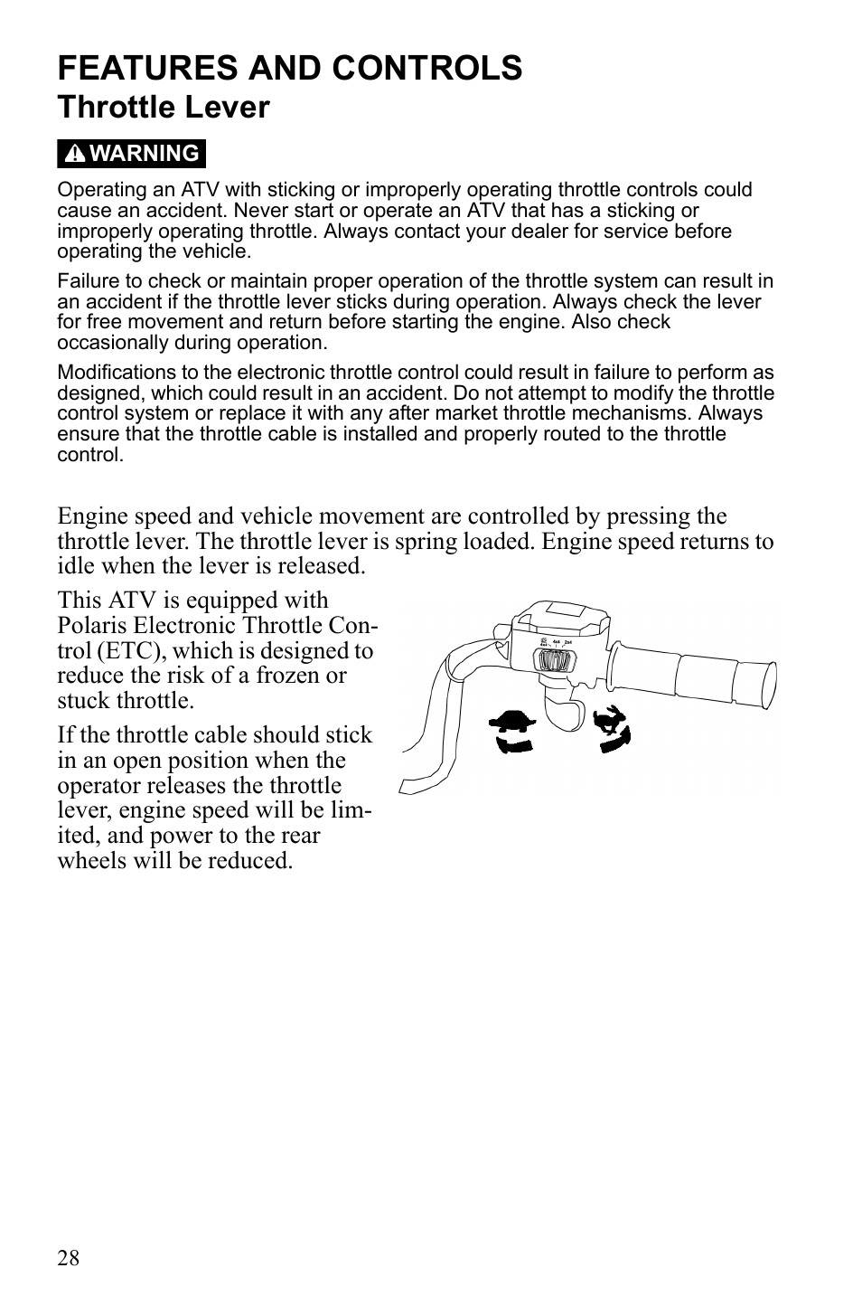 Features and controls, Throttle lever | Polaris Sportsman 550 Touring EPS User Manual | Page 32 / 158