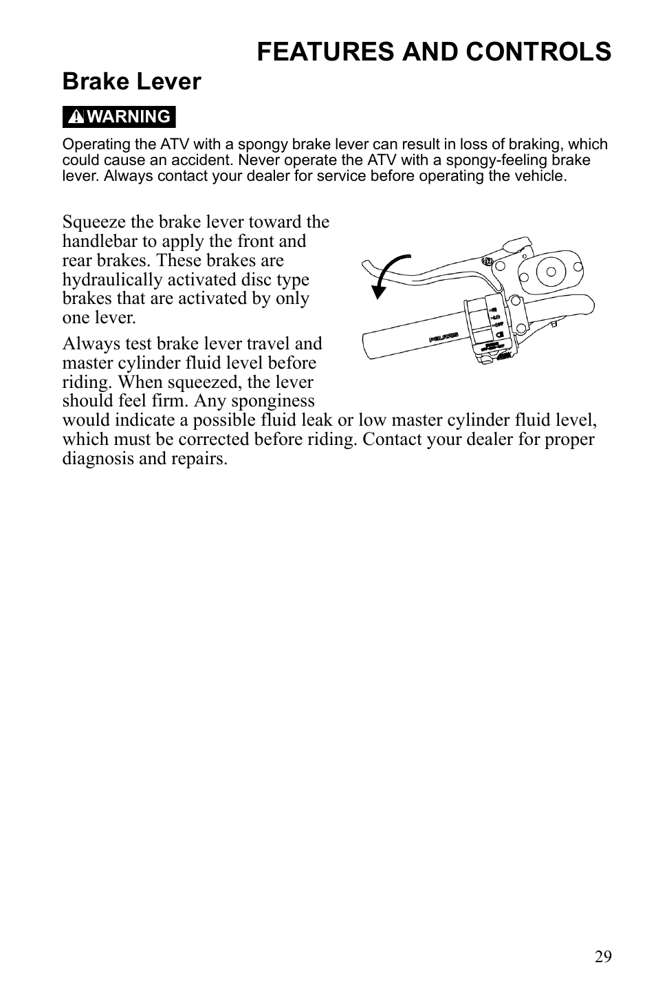 Features and controls, Brake lever | Polaris Sportsman 550 Touring EPS User Manual | Page 33 / 158