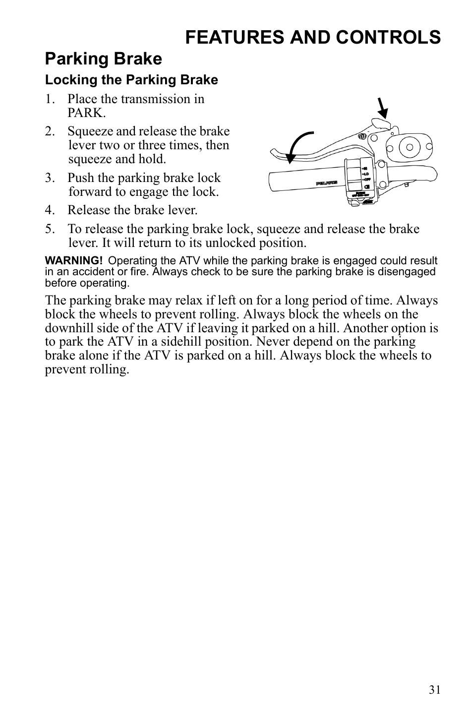Features and controls, Parking brake | Polaris Sportsman 550 Touring EPS User Manual | Page 35 / 158