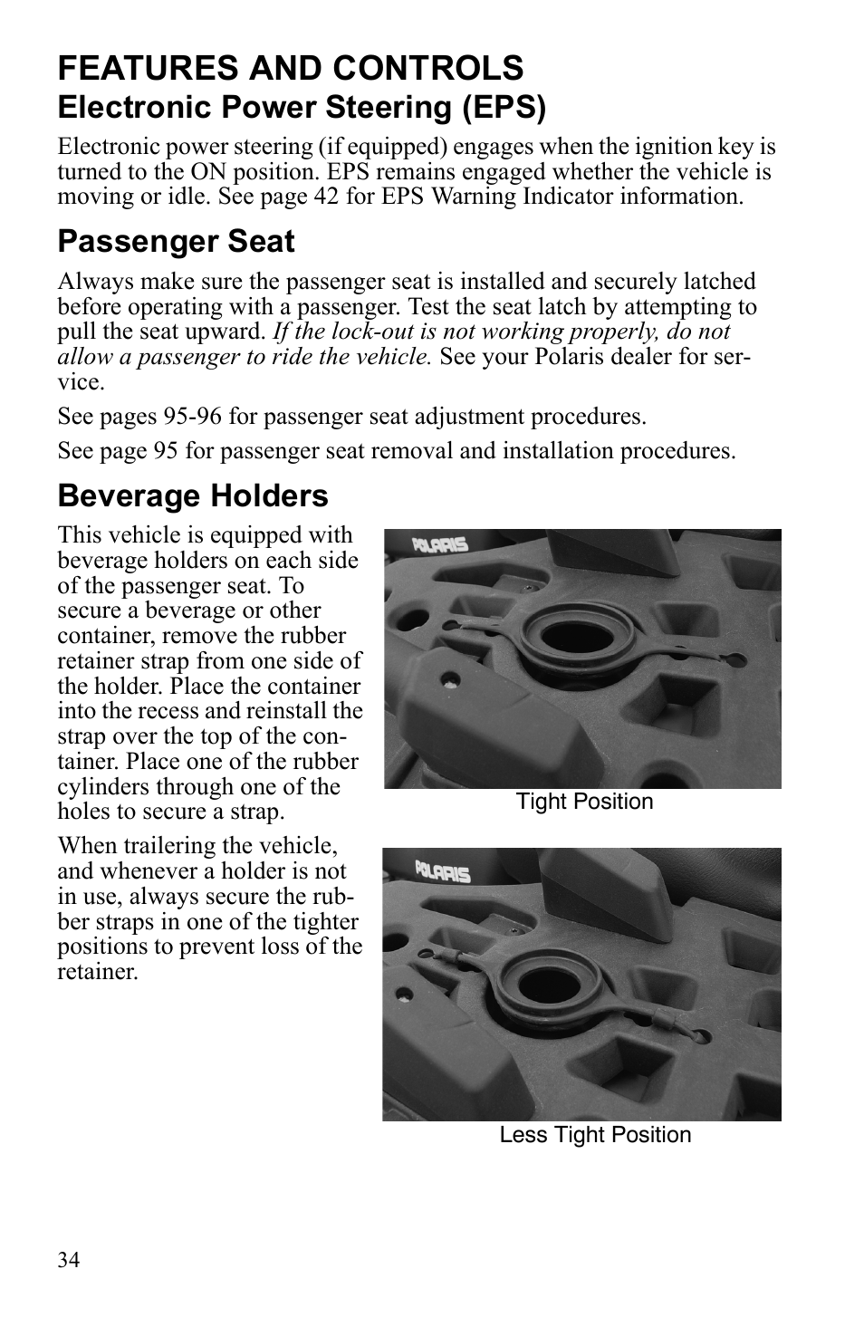 Features and controls, Electronic power steering (eps), Passenger seat | Beverage holders | Polaris Sportsman 550 Touring EPS User Manual | Page 38 / 158