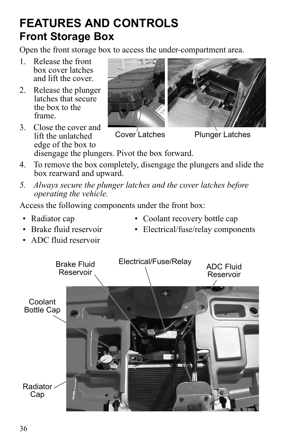 Features and controls, Front storage box | Polaris Sportsman 550 Touring EPS User Manual | Page 40 / 158