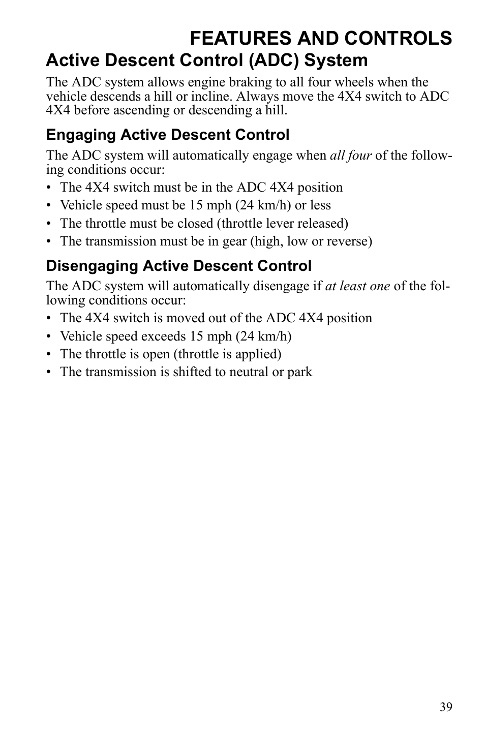 Features and controls, Active descent control (adc) system | Polaris Sportsman 550 Touring EPS User Manual | Page 43 / 158