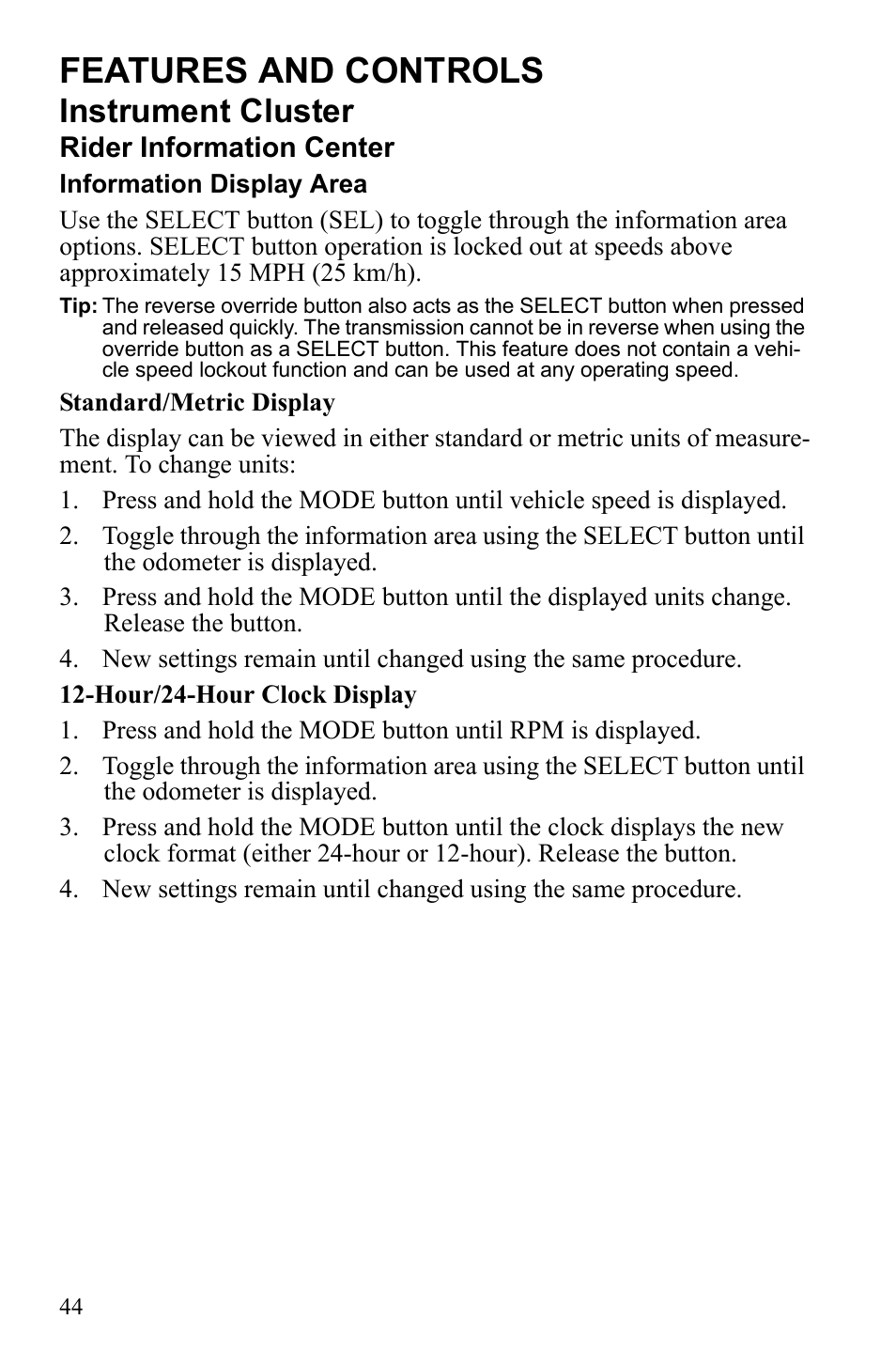 Features and controls, Instrument cluster | Polaris Sportsman 550 Touring EPS User Manual | Page 48 / 158