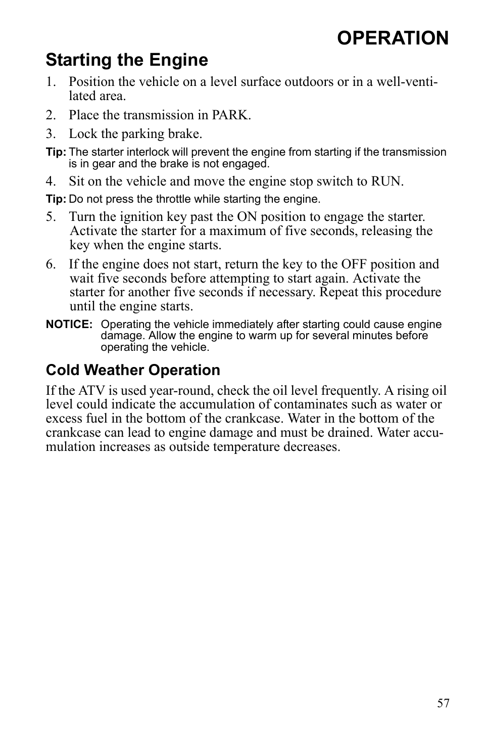 Operation, Starting the engine | Polaris Sportsman 550 Touring EPS User Manual | Page 61 / 158