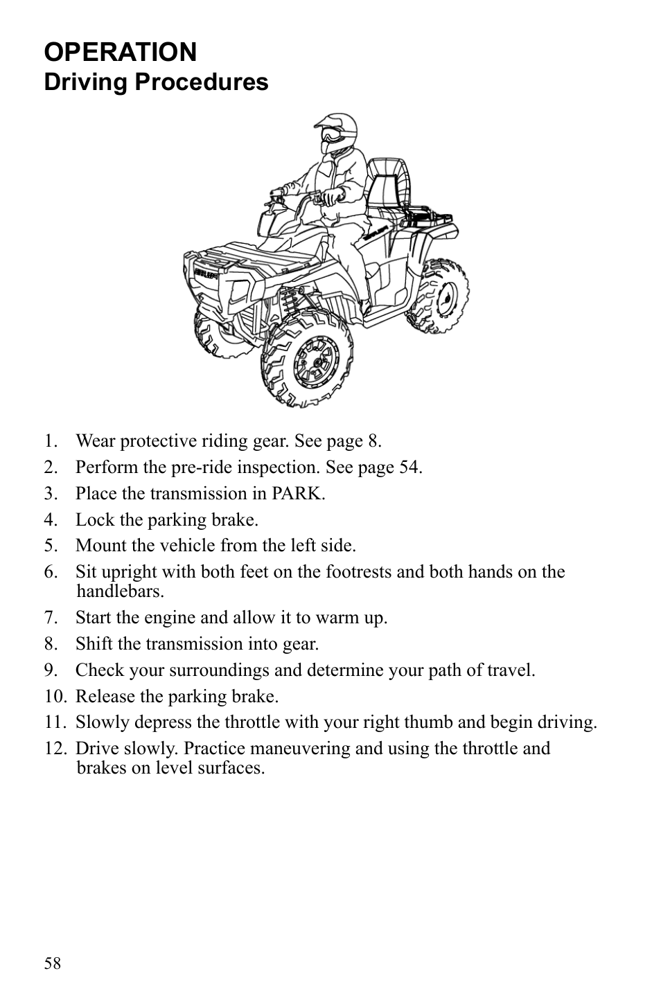 Operation, Driving procedures | Polaris Sportsman 550 Touring EPS User Manual | Page 62 / 158