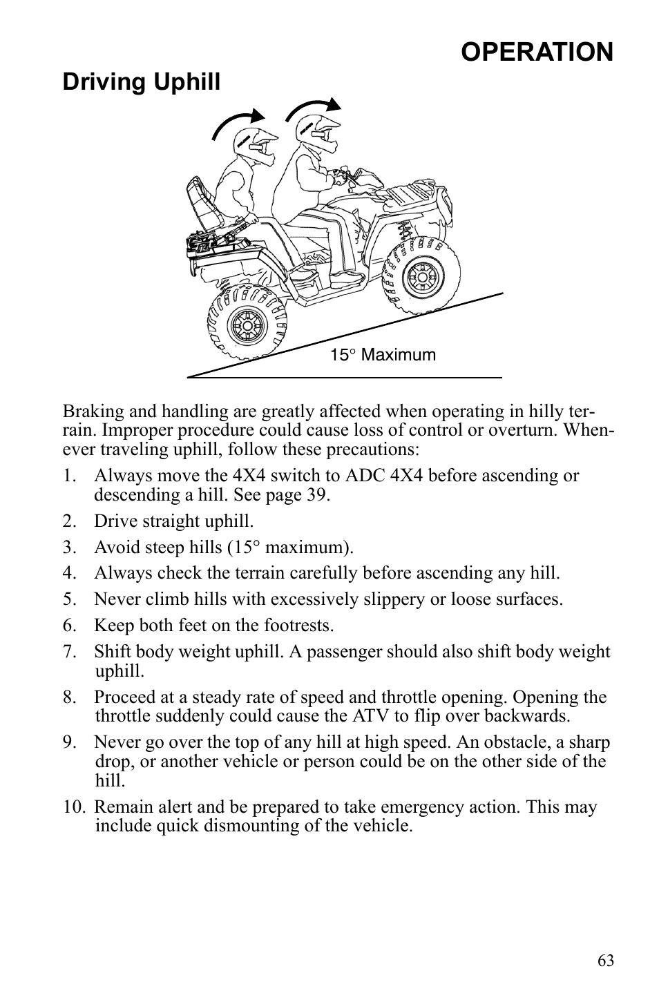 Operation, Driving uphill | Polaris Sportsman 550 Touring EPS User Manual | Page 67 / 158