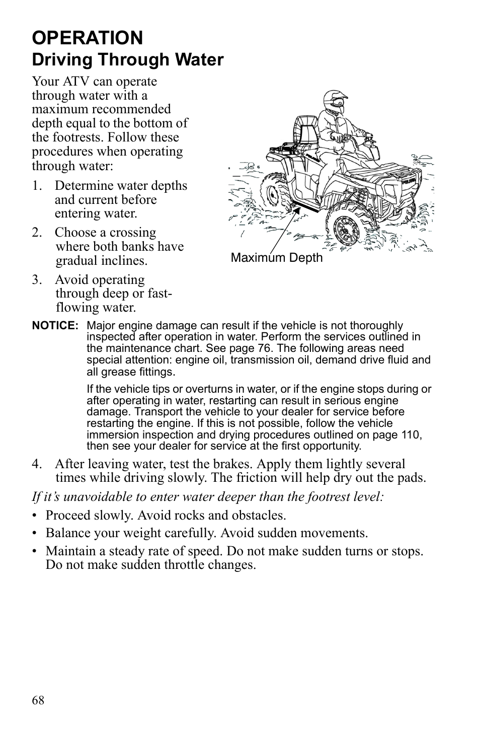 Operation, Driving through water | Polaris Sportsman 550 Touring EPS User Manual | Page 72 / 158