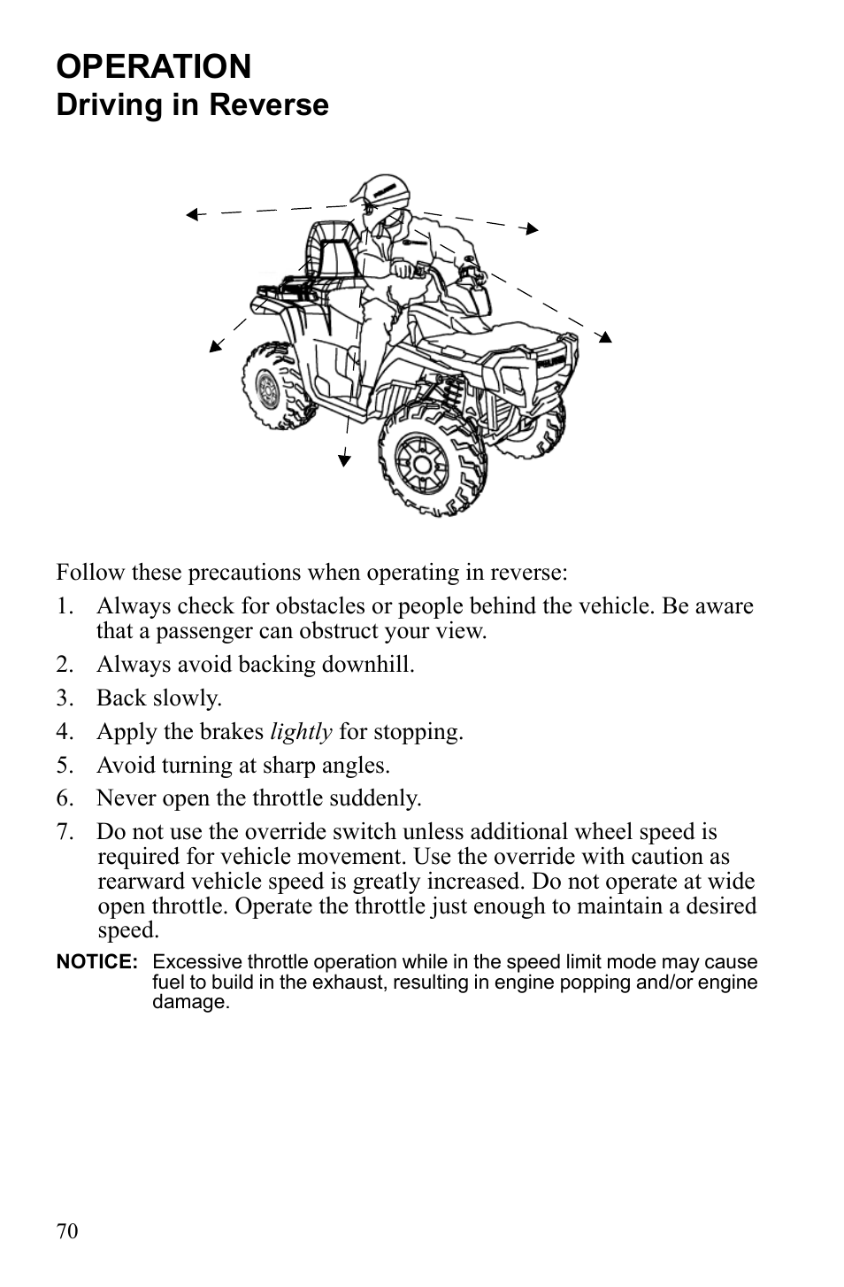 Operation, Driving in reverse | Polaris Sportsman 550 Touring EPS User Manual | Page 74 / 158