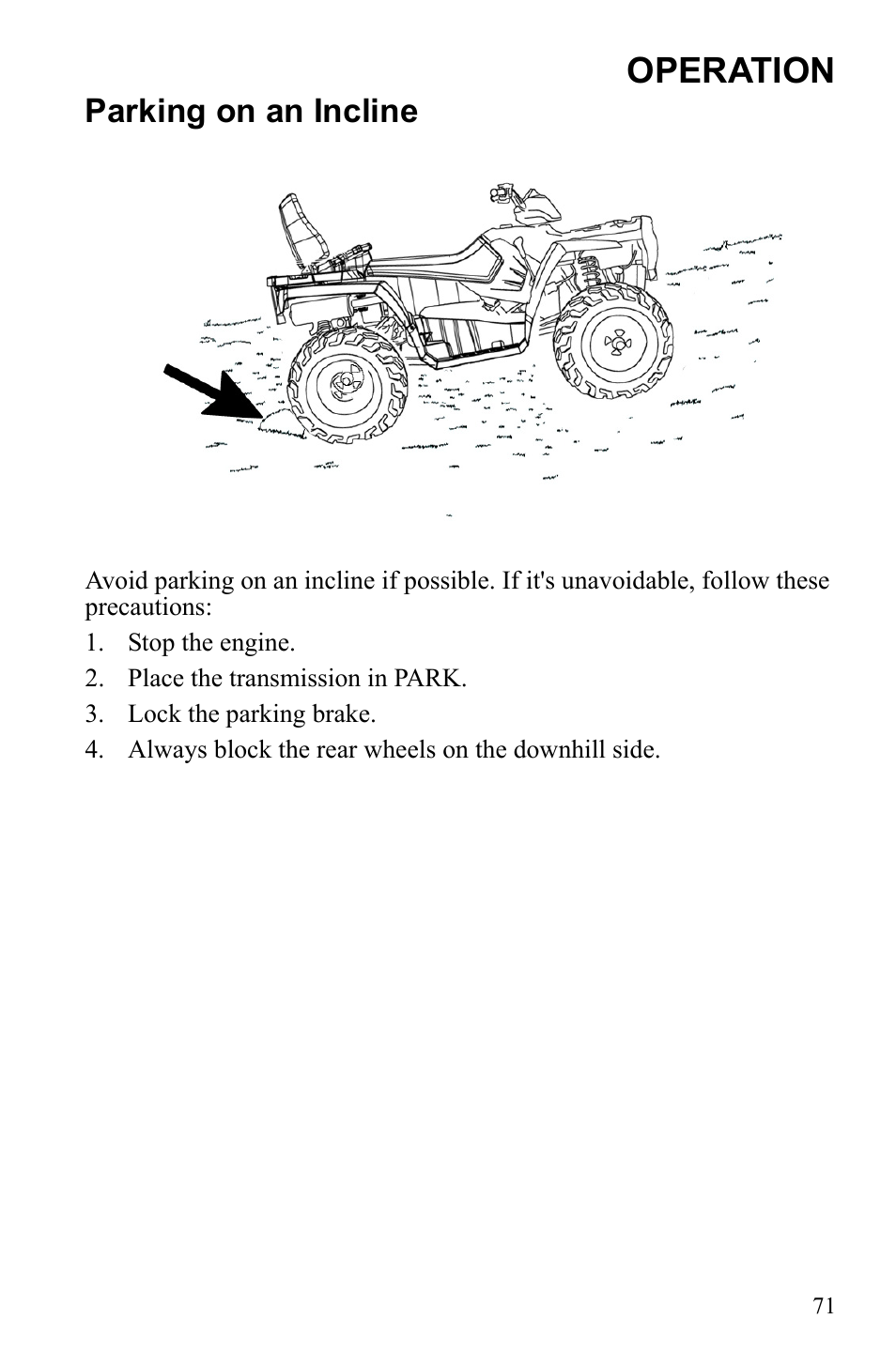 Operation, Parking on an incline | Polaris Sportsman 550 Touring EPS User Manual | Page 75 / 158