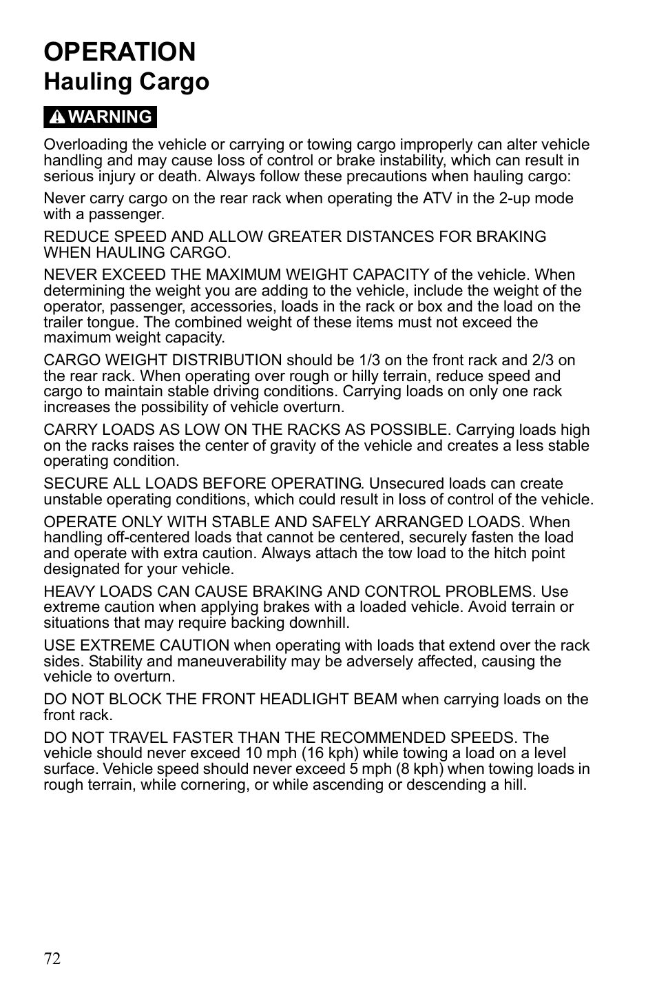 Operation, Hauling cargo | Polaris Sportsman 550 Touring EPS User Manual | Page 76 / 158