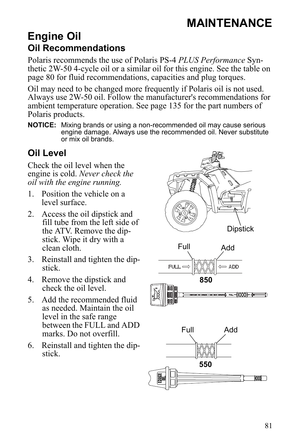 Maintenance, Engine oil | Polaris Sportsman 550 Touring EPS User Manual | Page 85 / 158