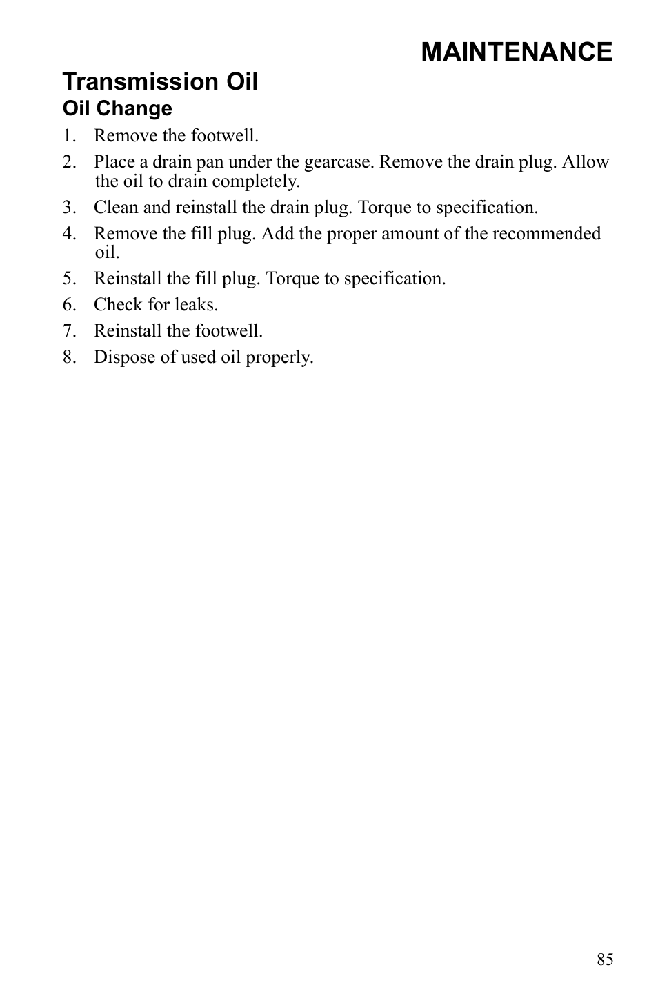 Maintenance, Transmission oil | Polaris Sportsman 550 Touring EPS User Manual | Page 89 / 158