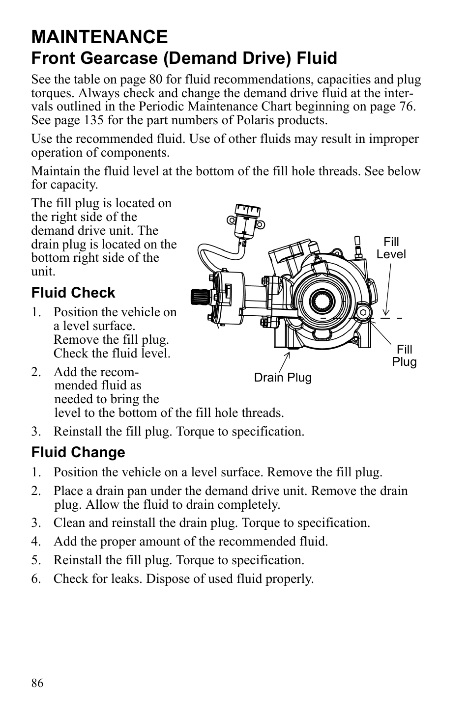 Maintenance, Front gearcase (demand drive) fluid | Polaris Sportsman 550 Touring EPS User Manual | Page 90 / 158