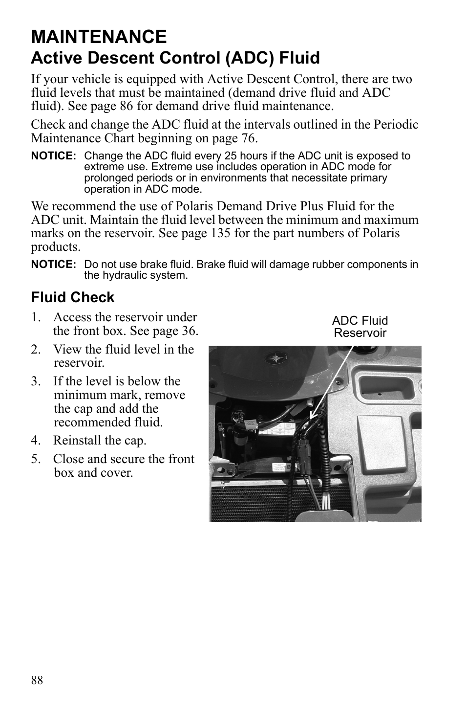 Maintenance, Active descent control (adc) fluid, Fluid check | Polaris Sportsman 550 Touring EPS User Manual | Page 92 / 158