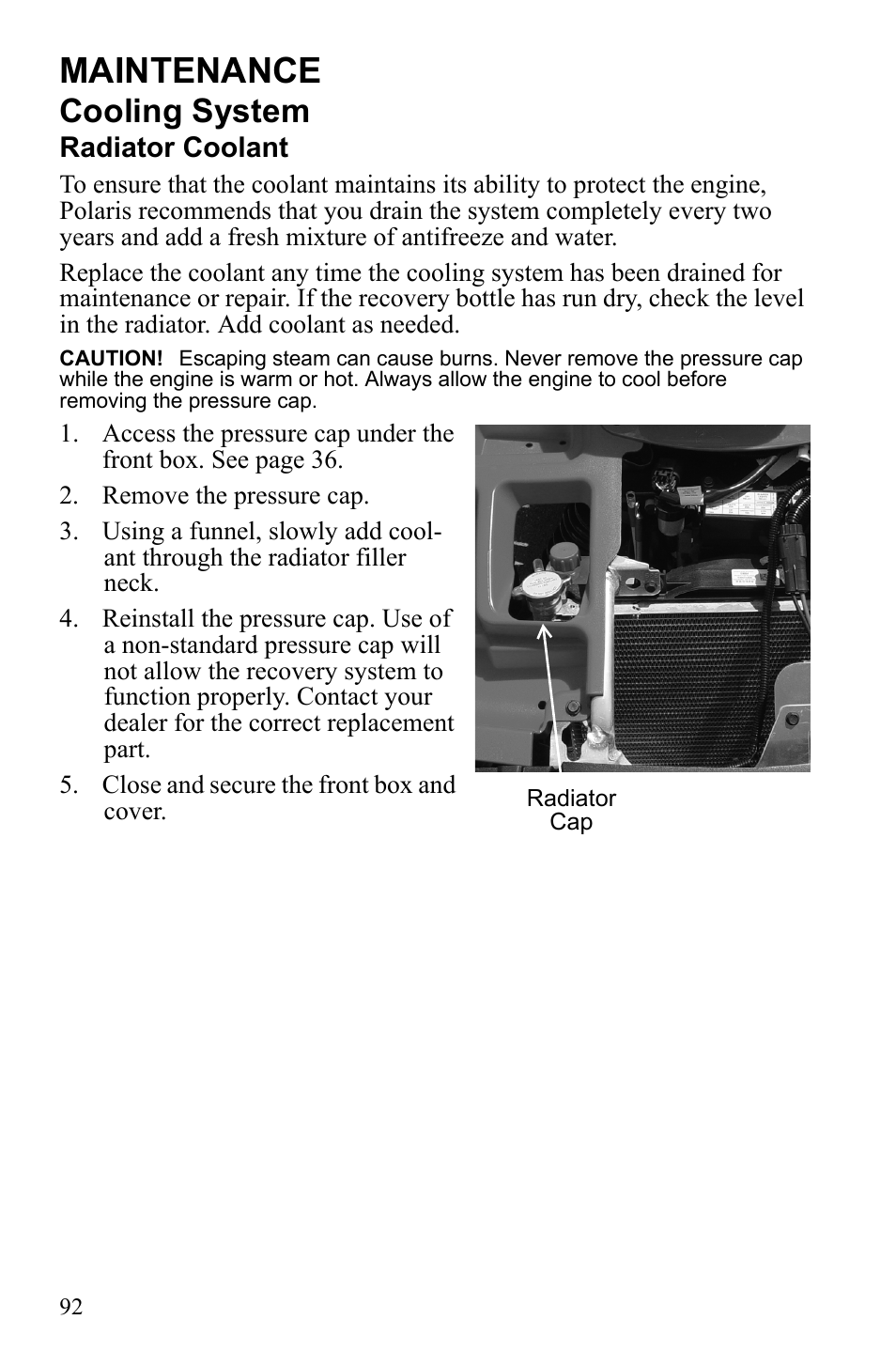 Maintenance, Cooling system | Polaris Sportsman 550 Touring EPS User Manual | Page 96 / 158