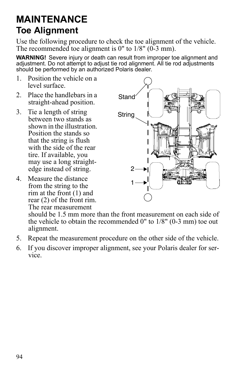 Maintenance, Toe alignment | Polaris Sportsman 550 Touring EPS User Manual | Page 98 / 158