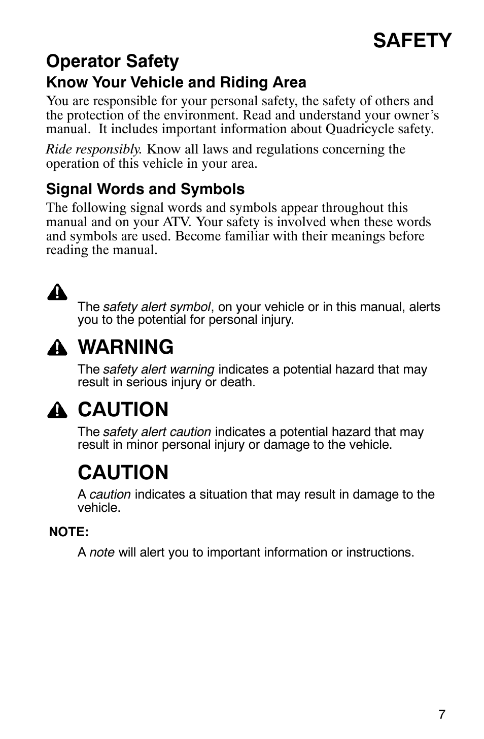 Safety, Warning, Caution | Operator safety | Polaris Sawtooth User Manual | Page 10 / 118