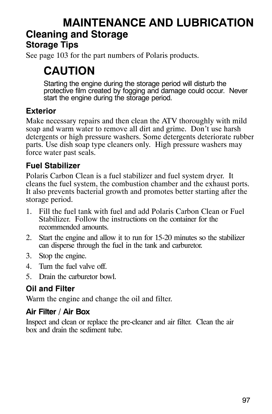 Maintenance and lubrication, Caution, Cleaning and storage | Polaris Sawtooth User Manual | Page 100 / 118